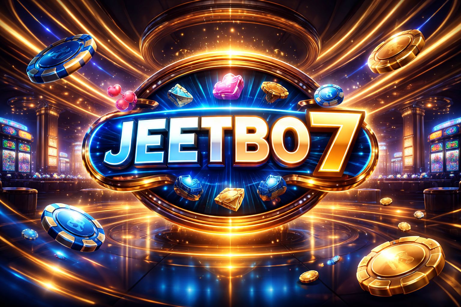Stylized online gaming scene with glowing JEETBO7 sign, digital chips and premium casino atmosphere for Bangladesh players