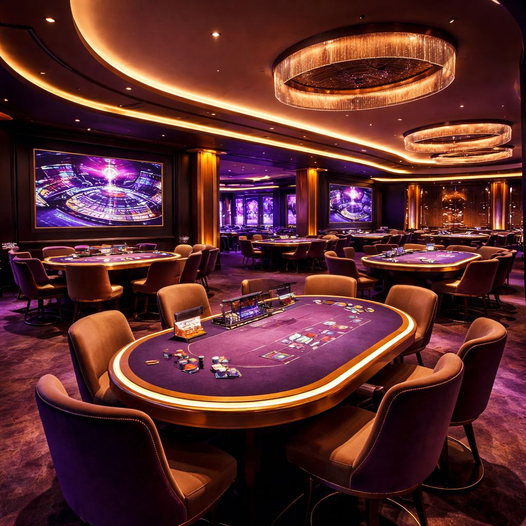 Contemporary gaming lounge scene with digital tables and vivid lights reflecting the premium JEETBO7 experience