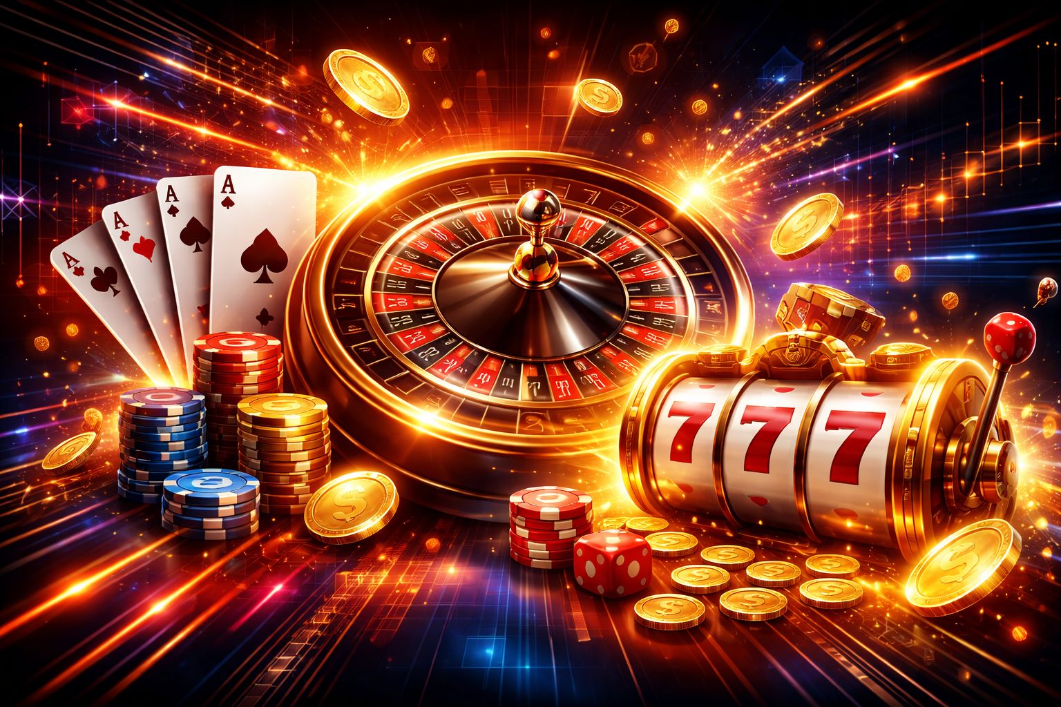 Digital casino interface with cards, roulette elements and slot visuals representing the broad JEETBO7 game library