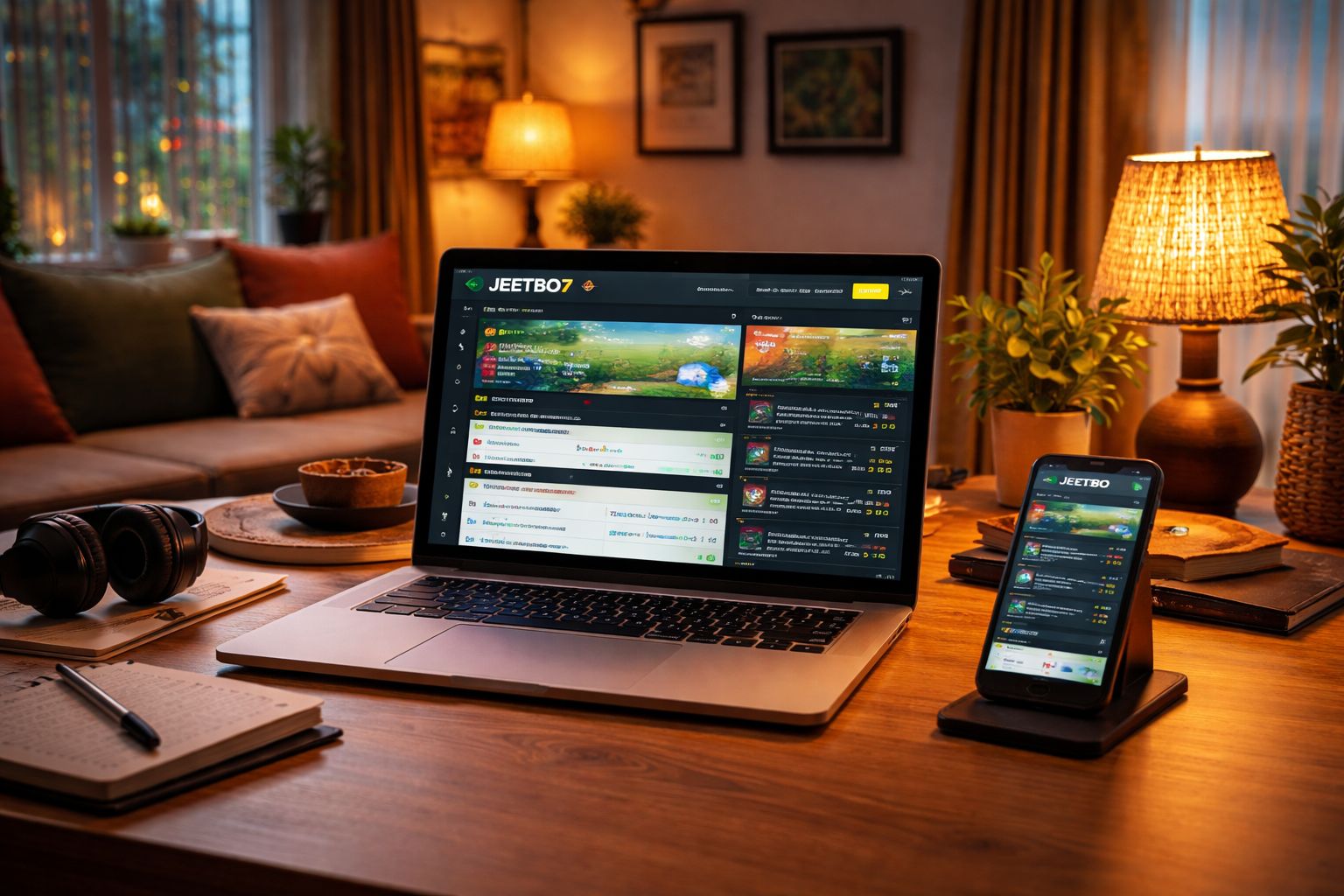 Modern home betting scene with live odds on laptop and phone for JEETBO7 sports markets in Bangladesh