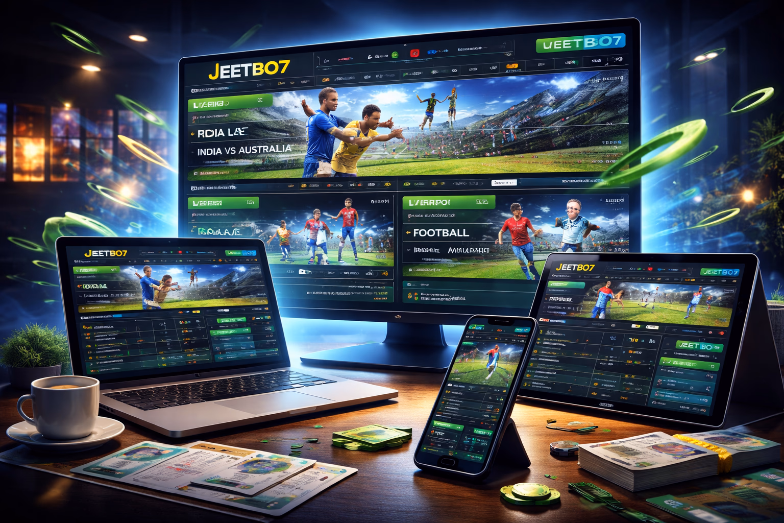 JEETBO7 live betting display on desktop and smartphone during an active cricket and football viewing session