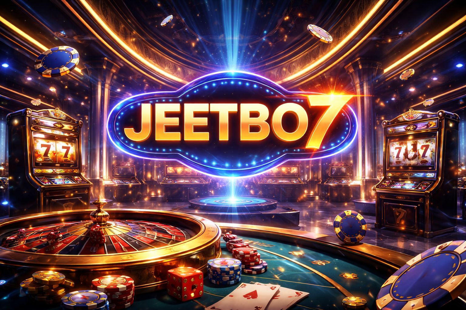 Stylish digital casino scene with glowing tables, slot reels and JEETBO7 branding displayed prominently for Bangladesh players
