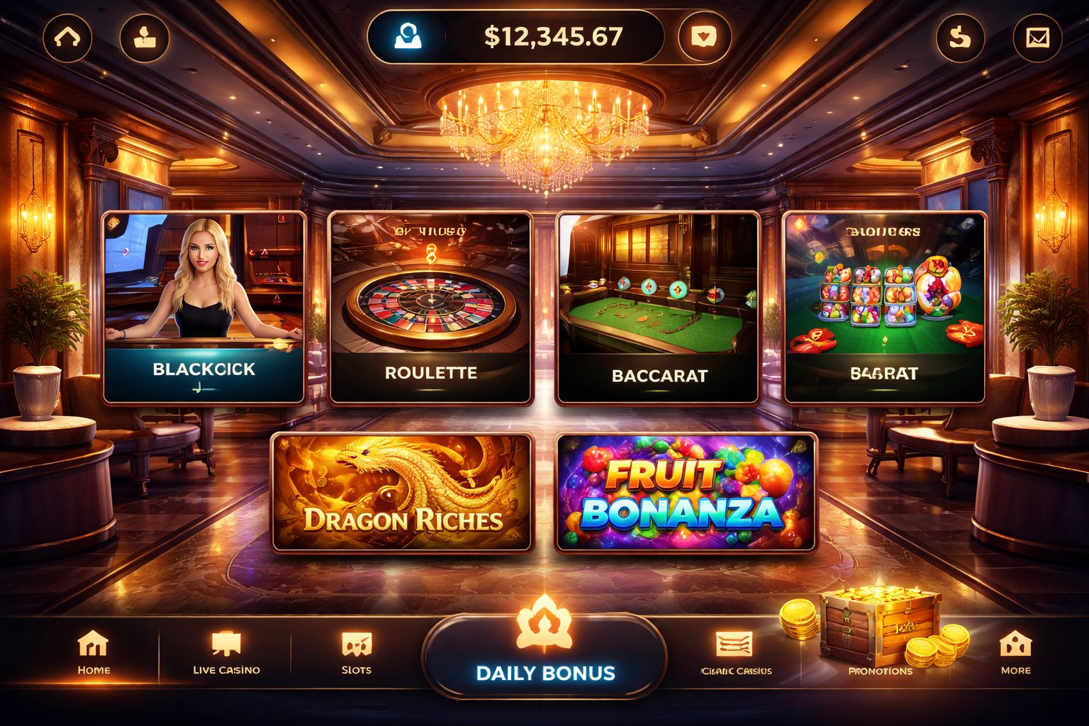 Modern online casino lobby with elegant live dealer tables and bright slot displays tailored for JEETBO7 users in Bangladesh