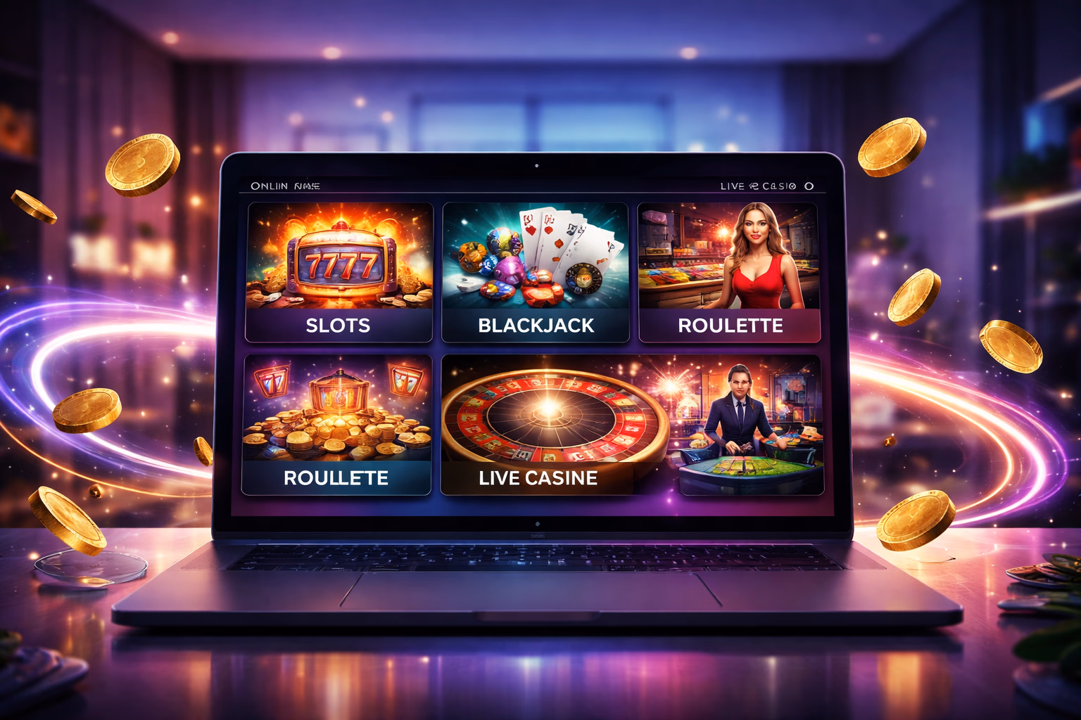 Laptop screen showing JEETBO7 game categories with slot reels, cards, and glowing casino visuals