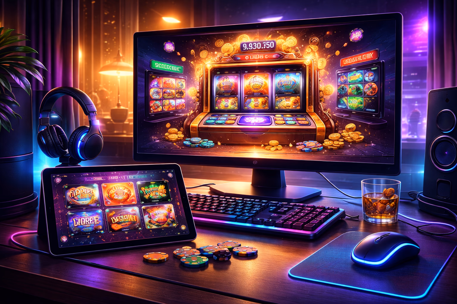 Modern gaming setup with JEETBO7 titles displayed on screen in a vivid neon atmosphere