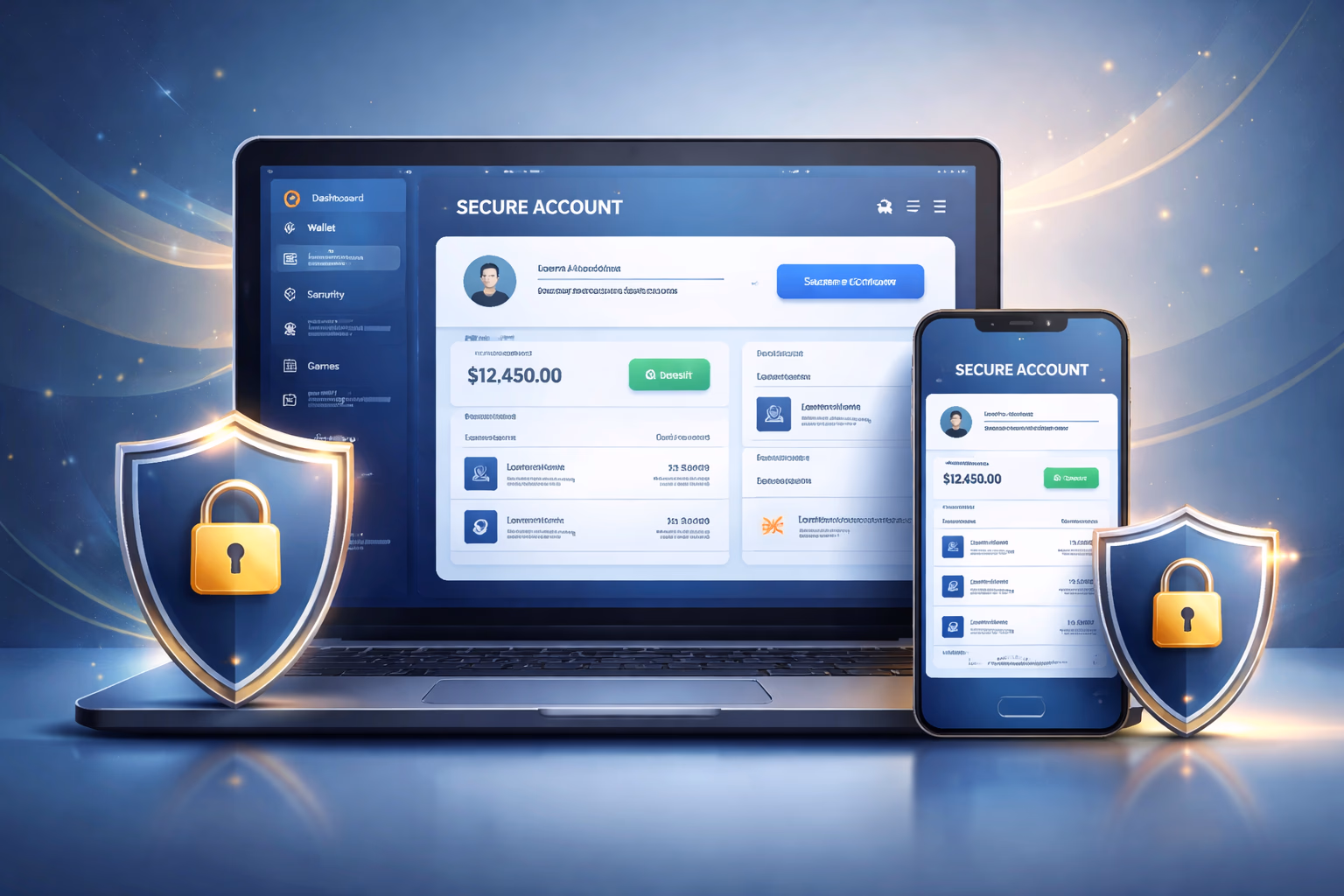 Secure gaming access concept with protected account dashboard, glowing interface, and premium online entertainment setting