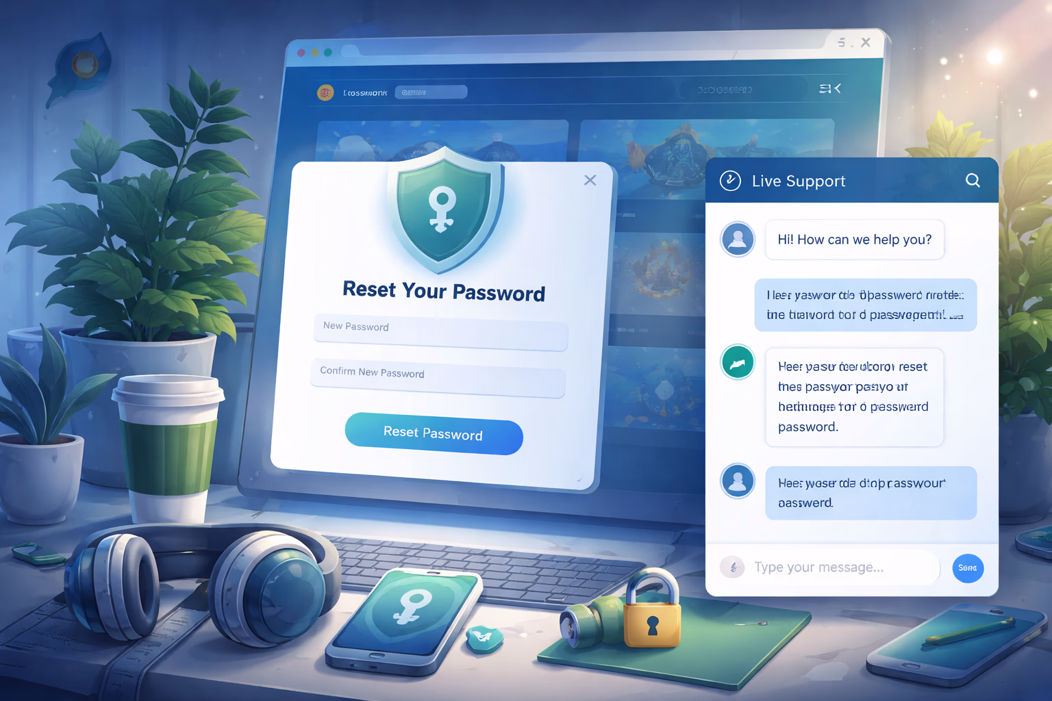 Helpful digital support scene with account recovery interface and welcoming service atmosphere for online players