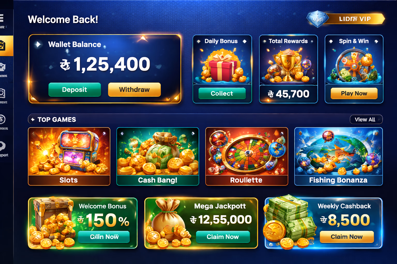 Premium member dashboard concept with rewards, balance tools, and colorful gaming access for JEETBO7 users